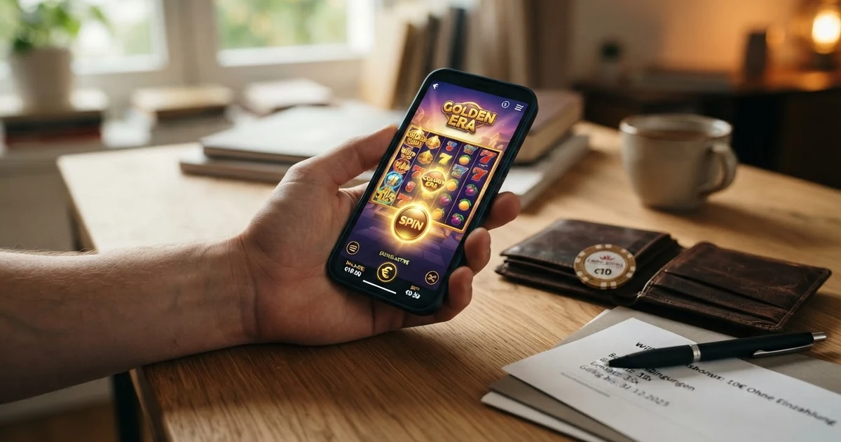 Eine geöffnete Geldbörse mit einem 10-Euro-Schein, daneben ein Smartphone mit Casino-Oberfläche und ein Stift auf einem Kleingedruckten-Dokument.