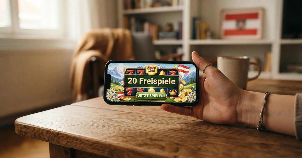 Eine Hand hält ein Smartphone mit geöffneter Casino-App, auf dem Bildschirm leuchten drei Slot-Walzen mit dem Text „20 Freispiele“; im Hintergrund eine angedeutete österreichische Flagge