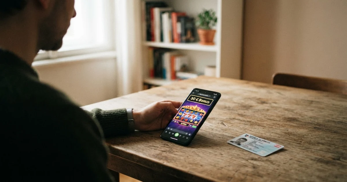 Ein Spieler, der auf einem Smartphone ein Online-Casino-Spiel mit der Aufschrift „30 € Bonus“ betrachtet, daneben ein geöffnetes österreichisches Ausweisdokument