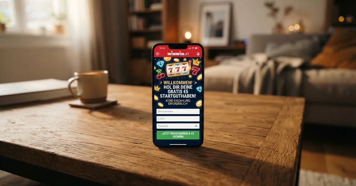 Ein Laptop-Display zeigt die Registrierungsseite eines Online Casinos mit einem hervorgehobenen €5-Bonus ohne Einzahlung neben Spielautomaten-Symbolen