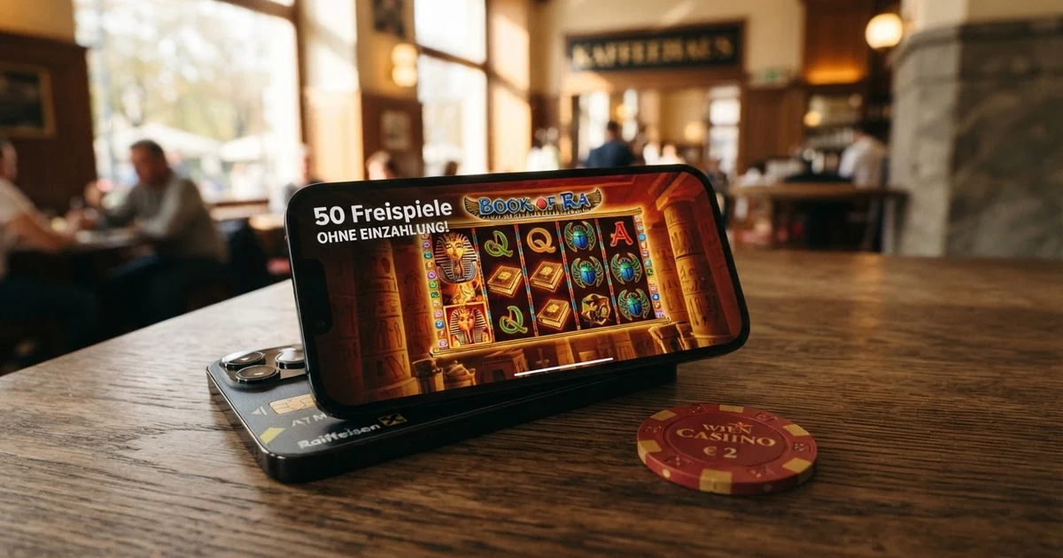 Eine Spielautomat-Walze mit fünf Walzensymbolen und dem eingeblendeten Text „50 Freispiele“, dazu das Symbol einer Freispielrunde mit drei Sternen