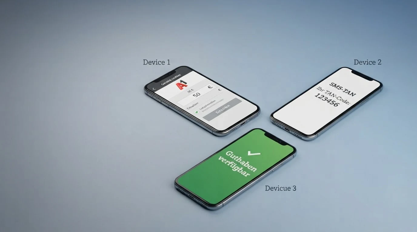 Schematische Darstellung des Einzahlungsvorgangs: Handynummer-Eingabe im Casino, SMS mit TAN-Code auf dem Smartphone, Bestätigungsbildschirm mit erfolgreicher Gutschrift