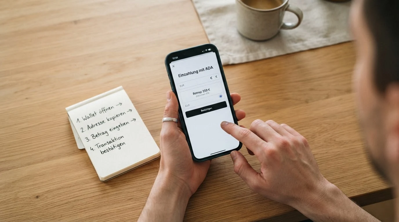 Schematische Darstellung einer ADA-Transaktion: Wallet-Symbol, Pfeil zur Casino-Kasse, Uhr-Symbol für Bestätigungszeit