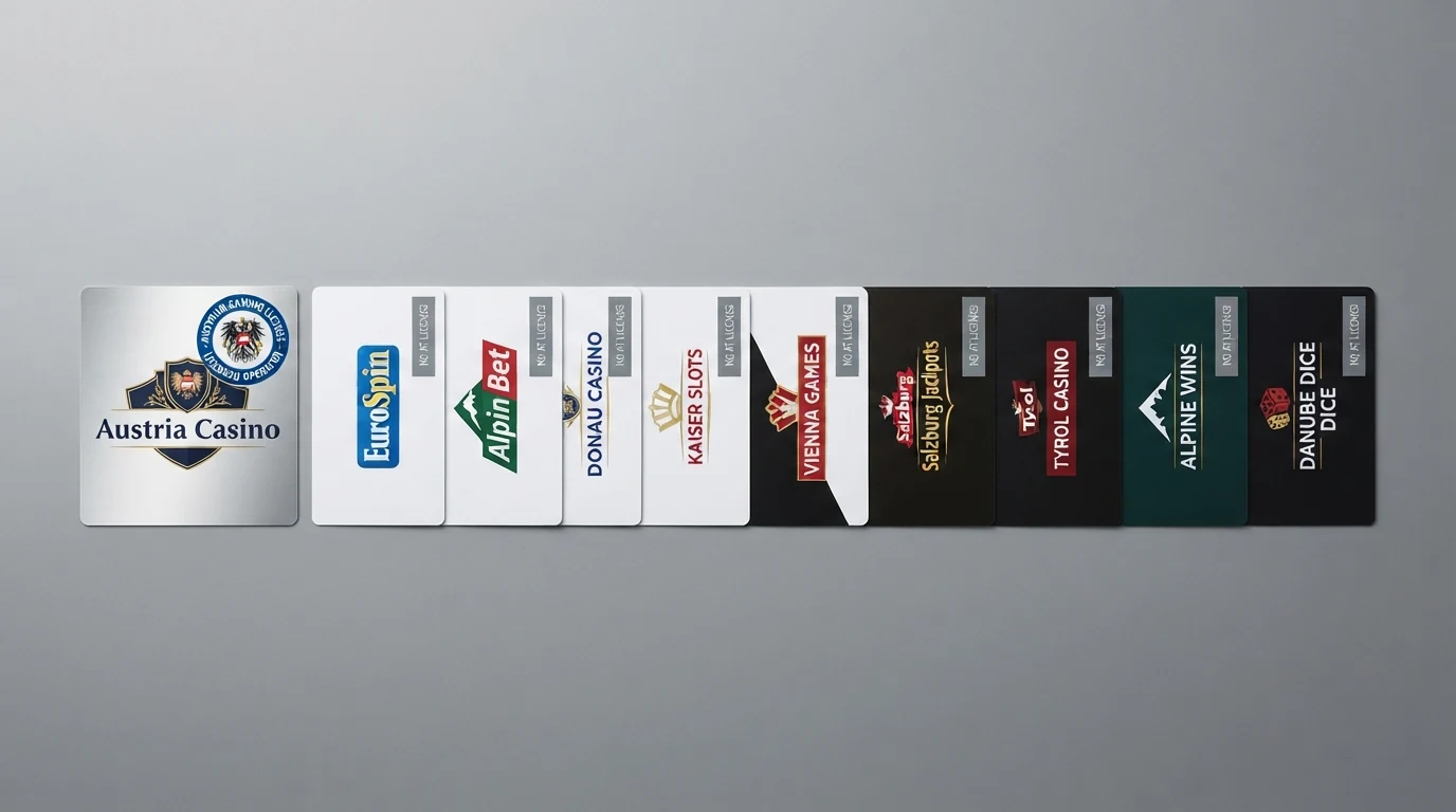 Zehn Karten in einer Reihe mit Casino-Logos, die erste mit einem blauen AT-Konzessionssiegel markiert, die übrigen neun mit einem grauen Hinweis „keine AT-Lizenz“