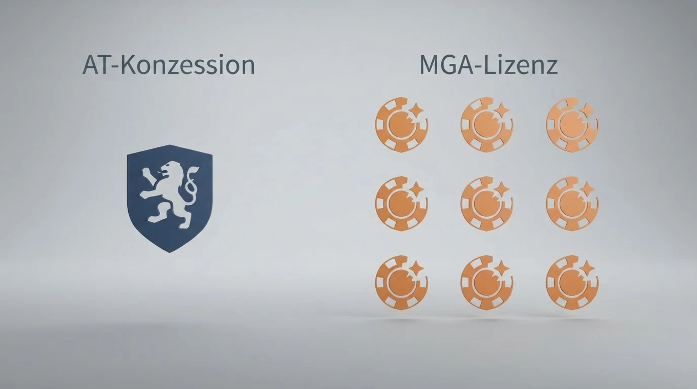 Zehn Casino-Logos in zwei Gruppen geteilt: links ein einzelnes Logo unter der Überschrift „AT-Konzession“, rechts neun Logos unter „MGA-Lizenz“