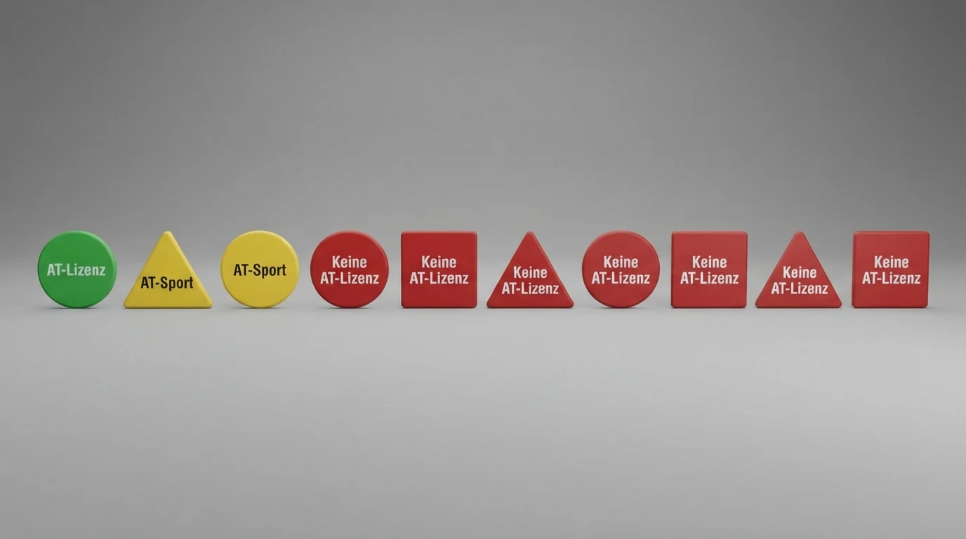Zehn Casino-Logos in einer Reihe, jedes mit einem farbigen Lizenz-Badge versehen: grün für die AT-Konzession, gelb für partielle AT-Sporterlaubnis, rot für rein ausländische Lizenzen
