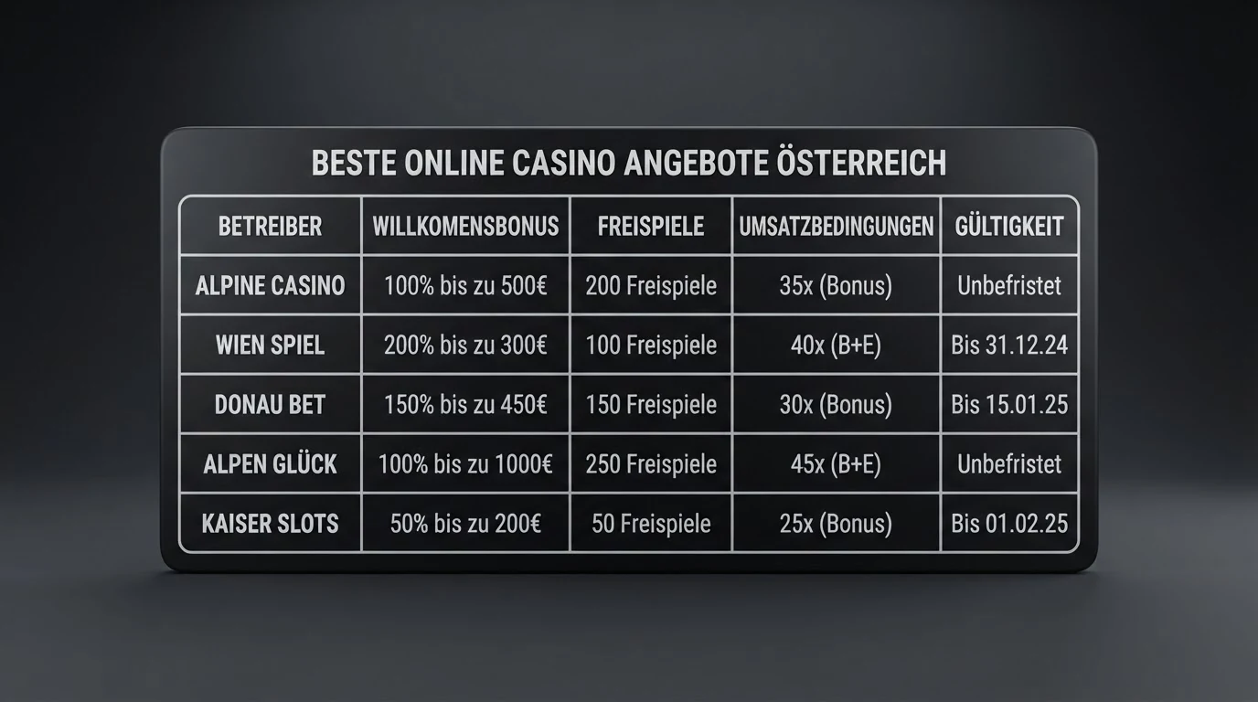 Übersichtliche Vergleichstabelle mit Casinos, Freispiel-Anzahl und Lizenzspalte im Direktvergleich