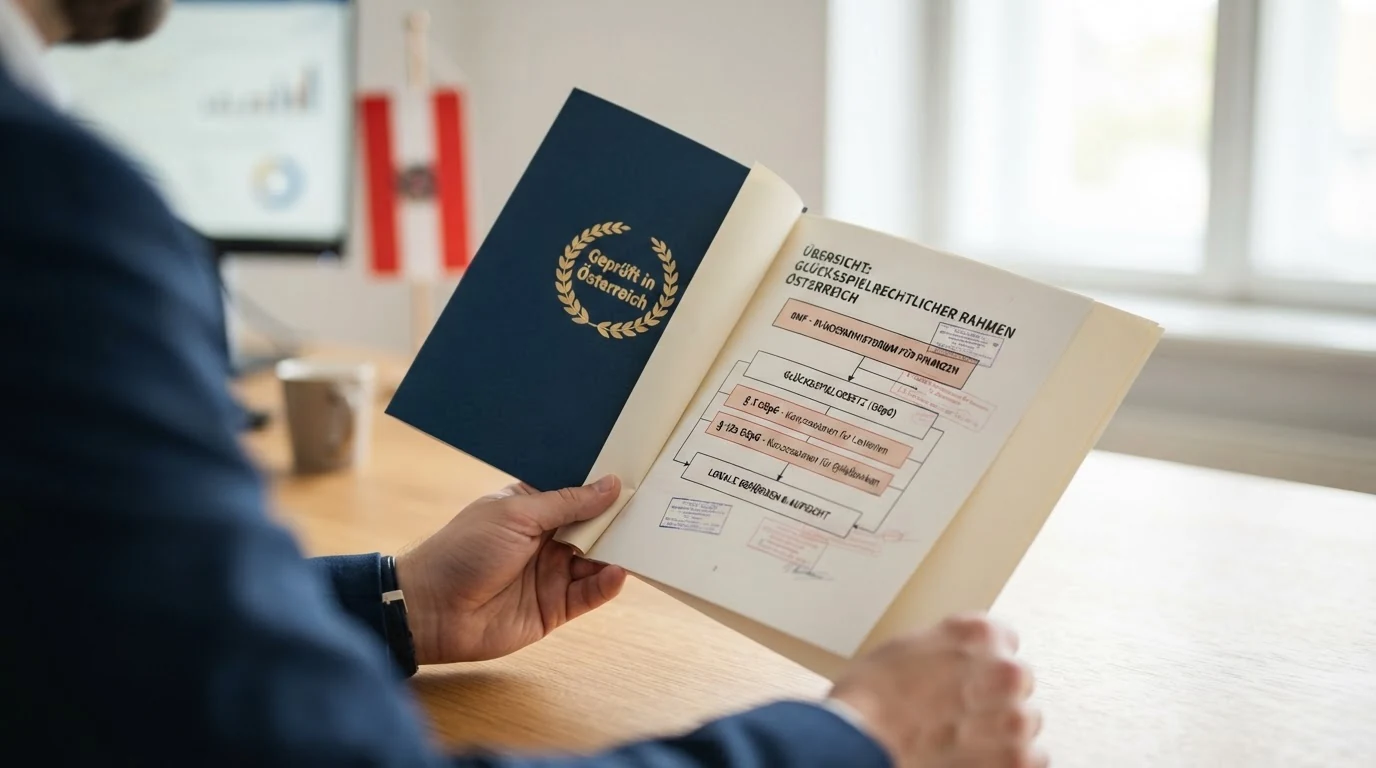 Offizielles Dokument mit dem österreichischen Bundesadler, daneben eine Waage als Symbol für die rechtliche Abwägung zwischen Monopol und EU-Recht