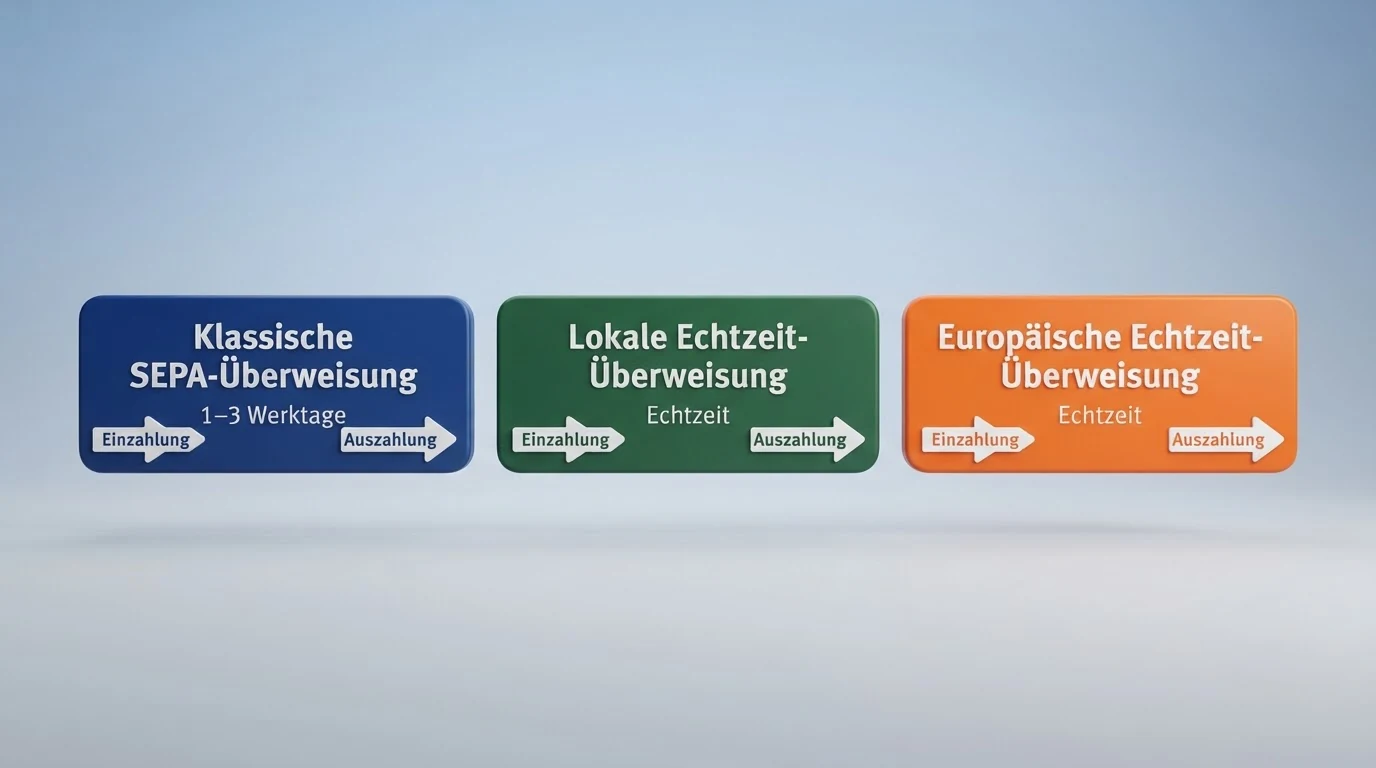Eine Infografik mit drei Zeitleisten für klassische SEPA-Überweisung, EPS und Sofortüberweisung, die Einzahlungs- und Auszahlungsdauer in Werktagen visuell vergleicht
