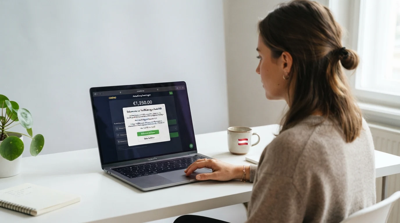 Ein Laptop-Bildschirm mit einer Auszahlungsbestätigung, über der eine halbtransparente Meldung „Dokumente zur Verifizierung erforderlich“ eingeblendet ist.