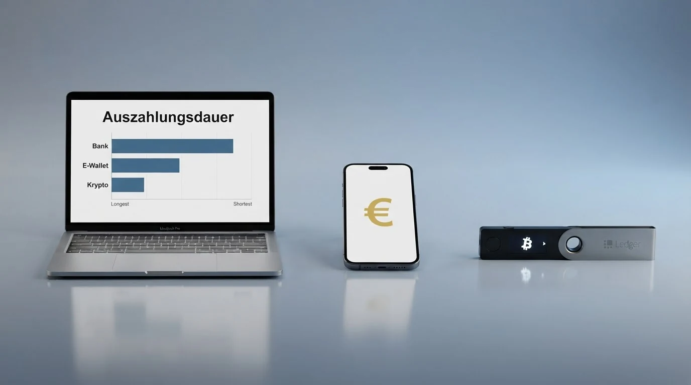 Visueller Fächer aus Zahlungssymbolen (Bank, Krypto-Wallet, E-Wallet, Kreditkarte) mit unterschiedlich langen Zeitbalken darunter