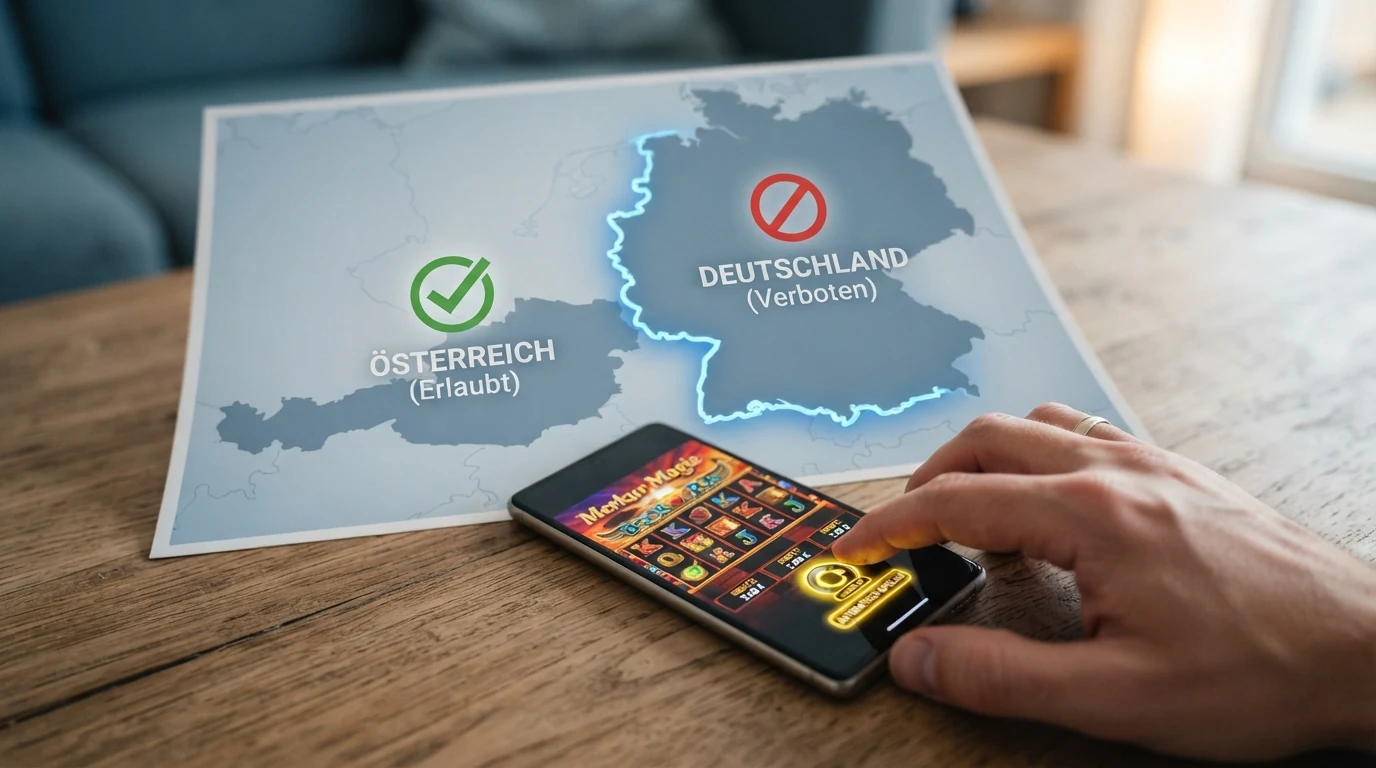 Eine stilisierte Landkarte mit Österreich und Deutschland, getrennt durch ein Symbol: grüner Haken für Österreich (Autoplay erlaubt), rotes Symbol für Deutschland (Autoplay verboten seit 2021)