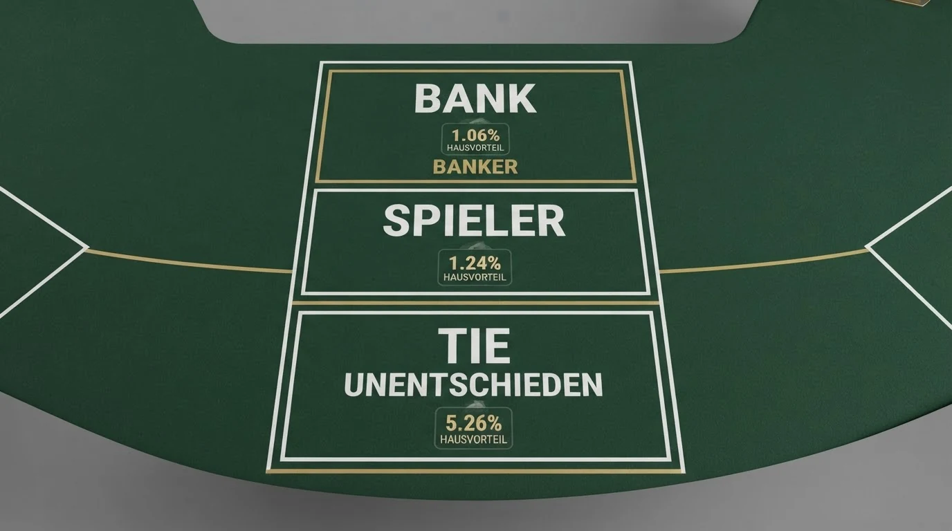 Baccarat-Tisch mit den drei Wettfeldern Player, Banker und Tie, daneben eine grafische Darstellung des Hausvorteils in Prozent