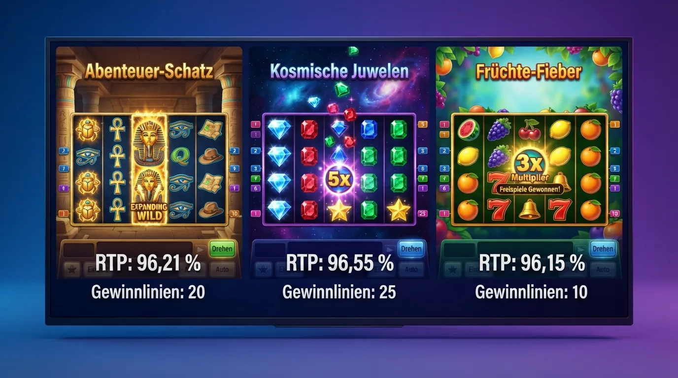 Drei Spielautomaten – Book of Dead, Starburst und Sweet Bonanza – nebeneinander auf einem Bildschirm mit eingeblendeten RTP-Werten