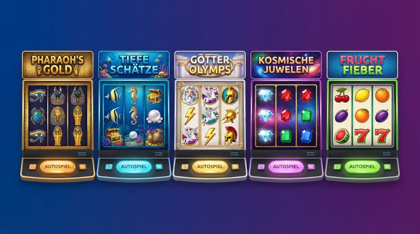 Fünf Slot-Titel nebeneinander aufgereiht: Book of Ra Deluxe, Book of Dead, Big Bass Bonanza, Gates of Olympus, Starburst — alle mit sichtbarem Autoplay-Button