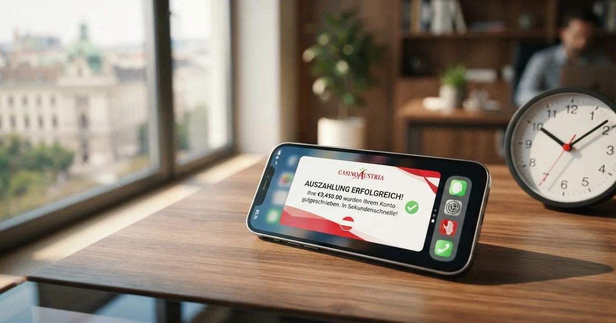 Smartphone mit geöffneter Casino-App und bestätigter Auszahlungsmeldung auf dem Bildschirm, daneben eine Uhr mit schnell laufendem Zeiger