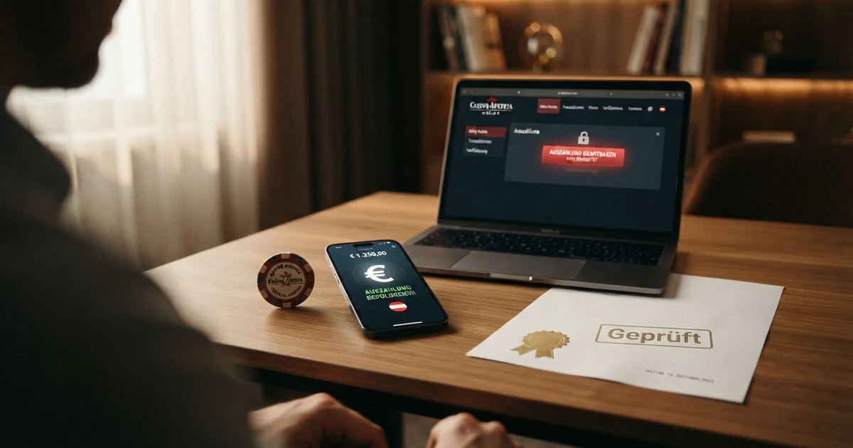 Bildschirm mit Casino-Oberfläche und gesperrtem Auszahlung-Button, daneben ein Dokument-Symbol mit Fragezeichen