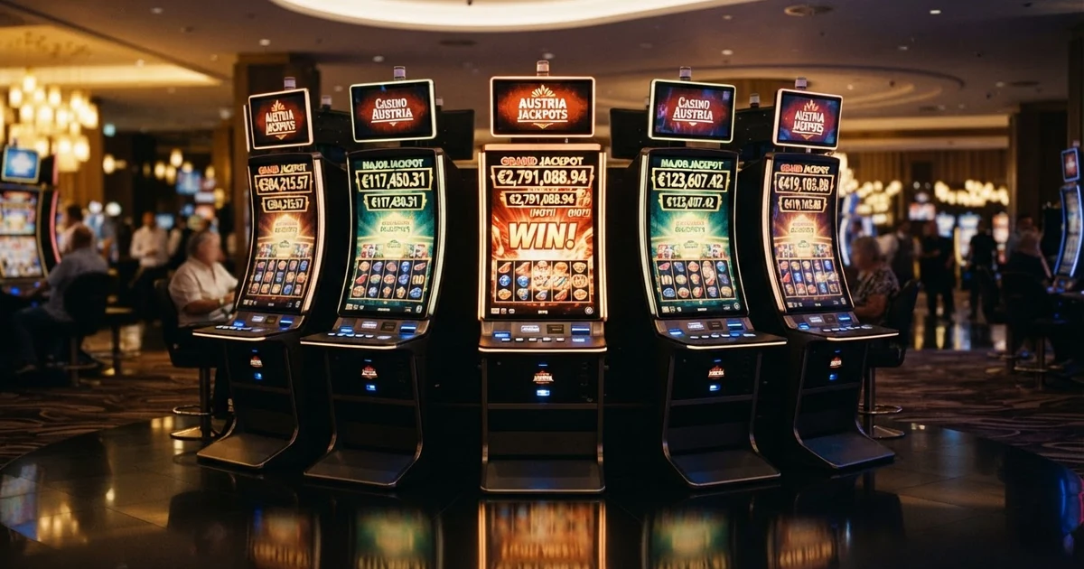 Fünf progressive Jackpot-Slot-Titelbildschirme nebeneinander mit leuchtenden Jackpot-Summen über jedem Spiel