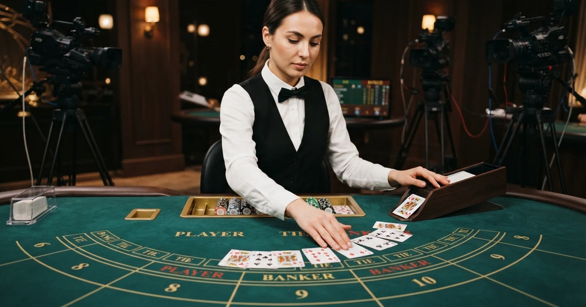 Live-Baccarat-Tisch mit Croupier, der Karten aus einem Kartenschlitten zieht, im Studio mit mehreren Kameras und HD-Beleuchtung