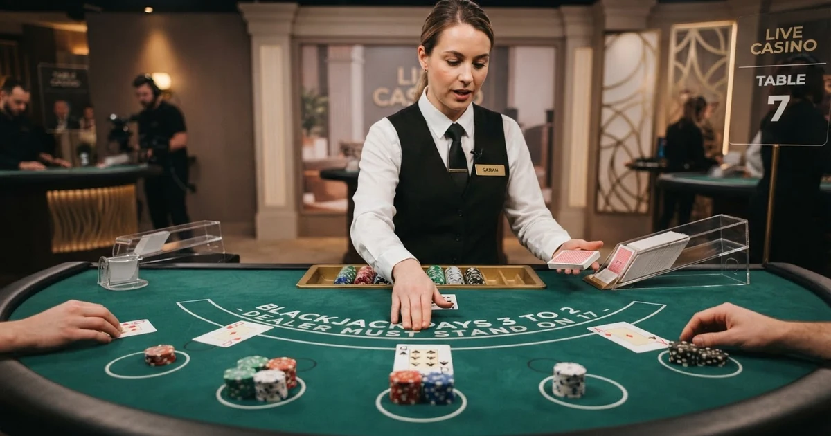 Ein Live-Blackjack-Tisch mit deutschsprachigem Dealer im Casino-Studio, Spielkarten und farbige Wettfelder in der Totalen