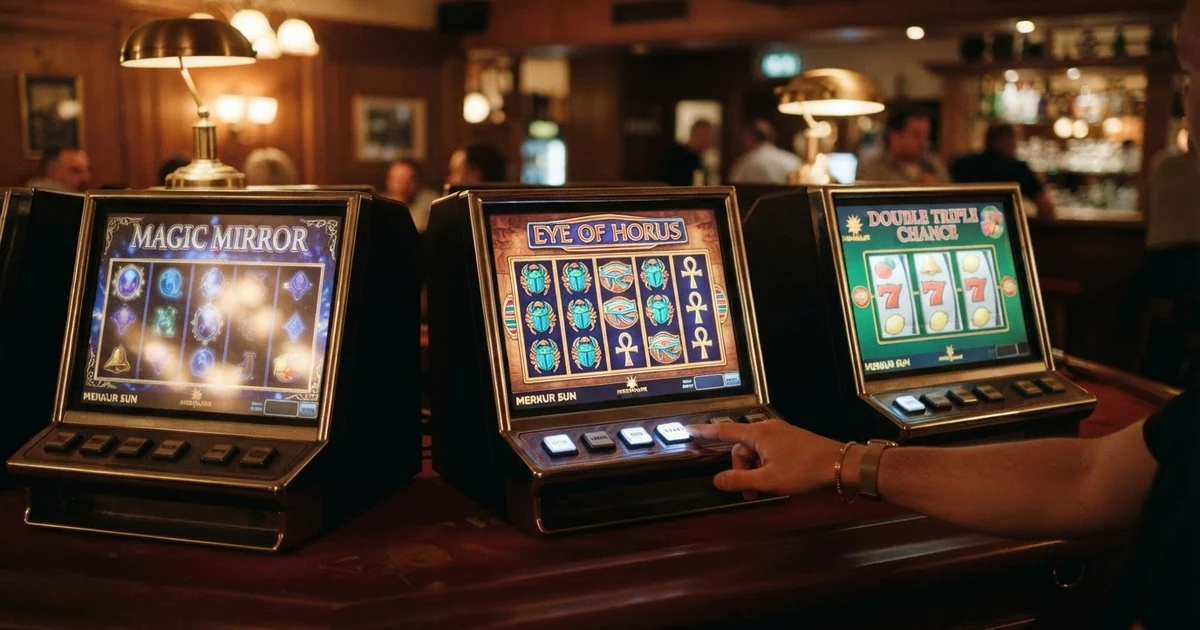 Mehrere Merkur-Spielautomaten mit ihren charakteristischen Walzen und Symbolen auf einem Bildschirm — Eye of Horus, Magic Mirror und Double Triple Chance nebeneinander dargestellt