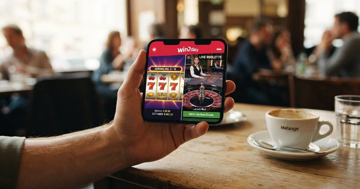 Eine Hand hält ein Smartphone mit geöffneter Casino-App, auf dem Bildschirm sind Slot-Walzen und ein Live-Roulette-Tisch als geteilte Ansicht zu sehen