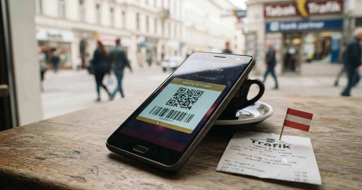Ein Smartphone mit geöffneter Casino-App zeigt einen CashToCode-Barcode, im Hintergrund das Schild einer österreichischen Partnerfiliale