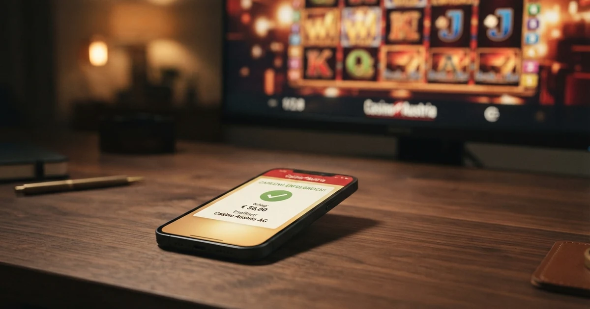ecoPayz-Logo und E-Wallet-App auf einem Smartphone-Bildschirm neben Casino-Slots im Hintergrund