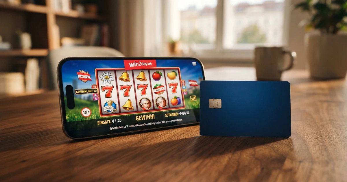 Nahaufnahme einer Kreditkarte neben einem Smartphone mit geöffnetem Online-Casino auf dem Bildschirm