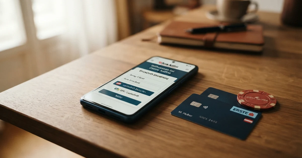 Smartphone-Bildschirm mit einer Casino-Einzahlungsmaske, SEPA-Lastschrift-Logo und Euro-Banknoten auf einem Tisch neben einer österreichischen Bankkarte