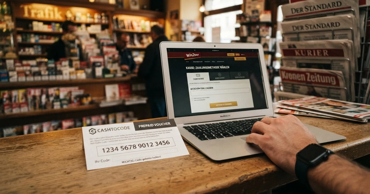 Nahaufnahme eines Paysafecard-Gutscheins mit 16-stelligem Code neben einem geöffneten Laptop, auf dem die Kassenbereich-Seite eines Online-Casinos zu sehen ist — im Hintergrund eine österreichische Trafik