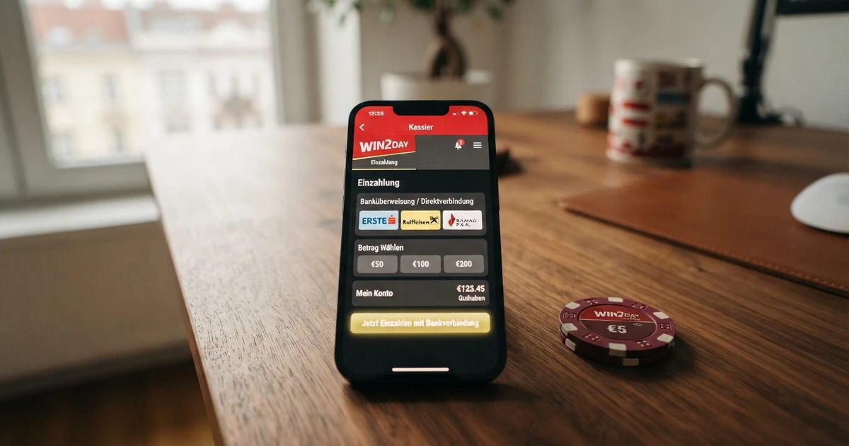Trustly-Logo auf einem Smartphone-Bildschirm mit geöffneter Casino-Kasse und Bankverbindung