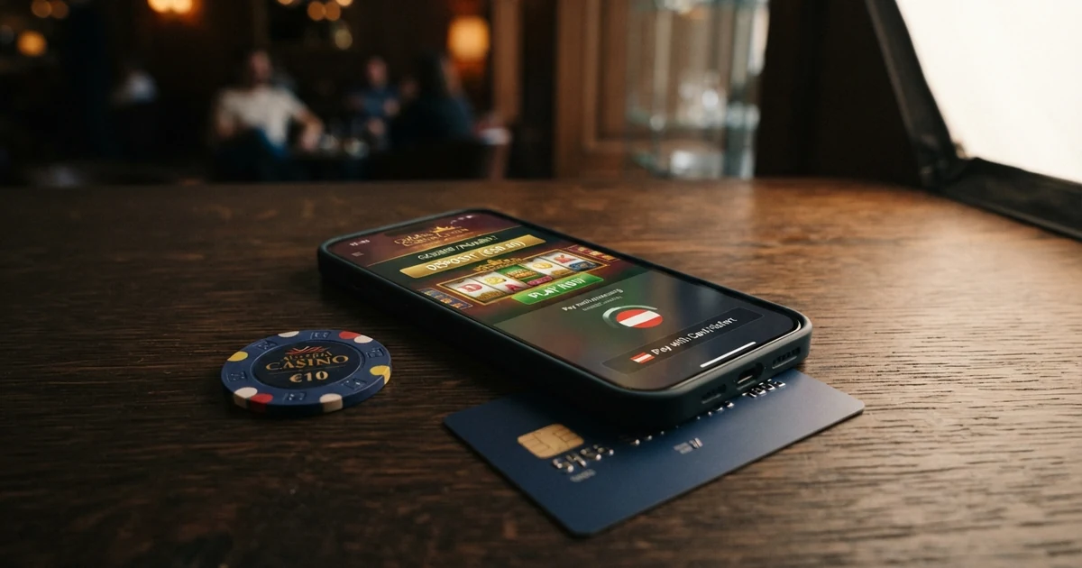 Eine Visa-Kreditkarte liegt auf einem Smartphone-Display, daneben Casino-Chips und ein Würfel auf dunklem Hintergrund