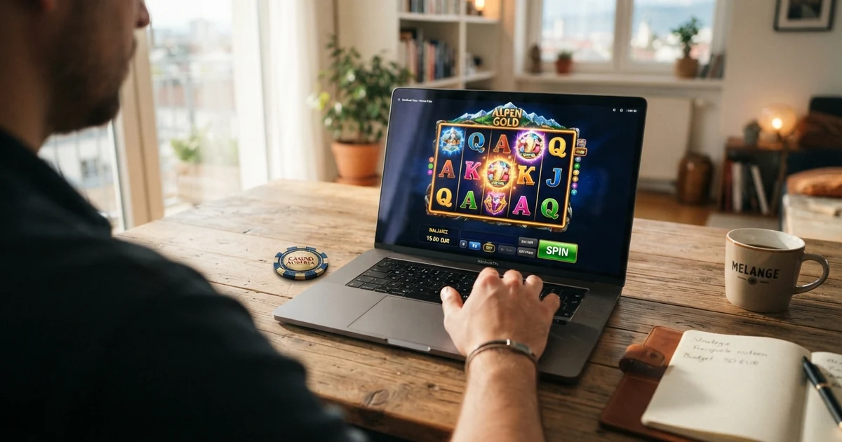 Startseite eines Online Casinos mit Spielauswahl, Willkommensbonus-Angebot und Lizenzhinweis für österreichische Spieler