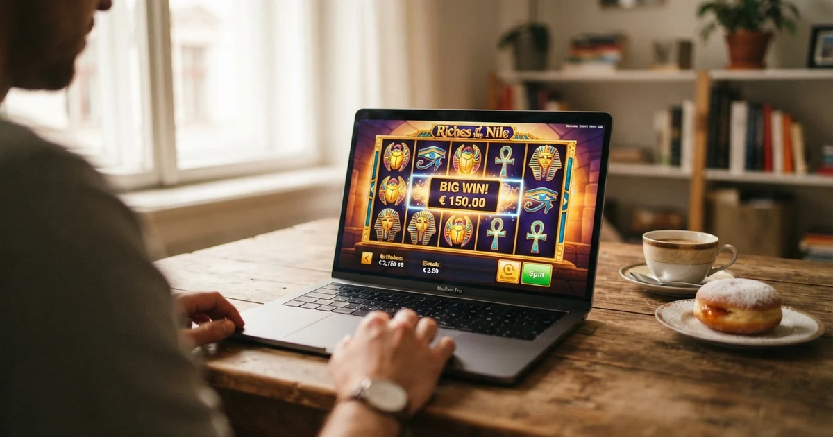 Ein angeleuchteter Bildschirm mit einem Online-Spielautomaten — fünf Walzen mit farbigen Symbolen, Gewinnlinien-Anzeige und einer eingeblendeten Gewinnsumme