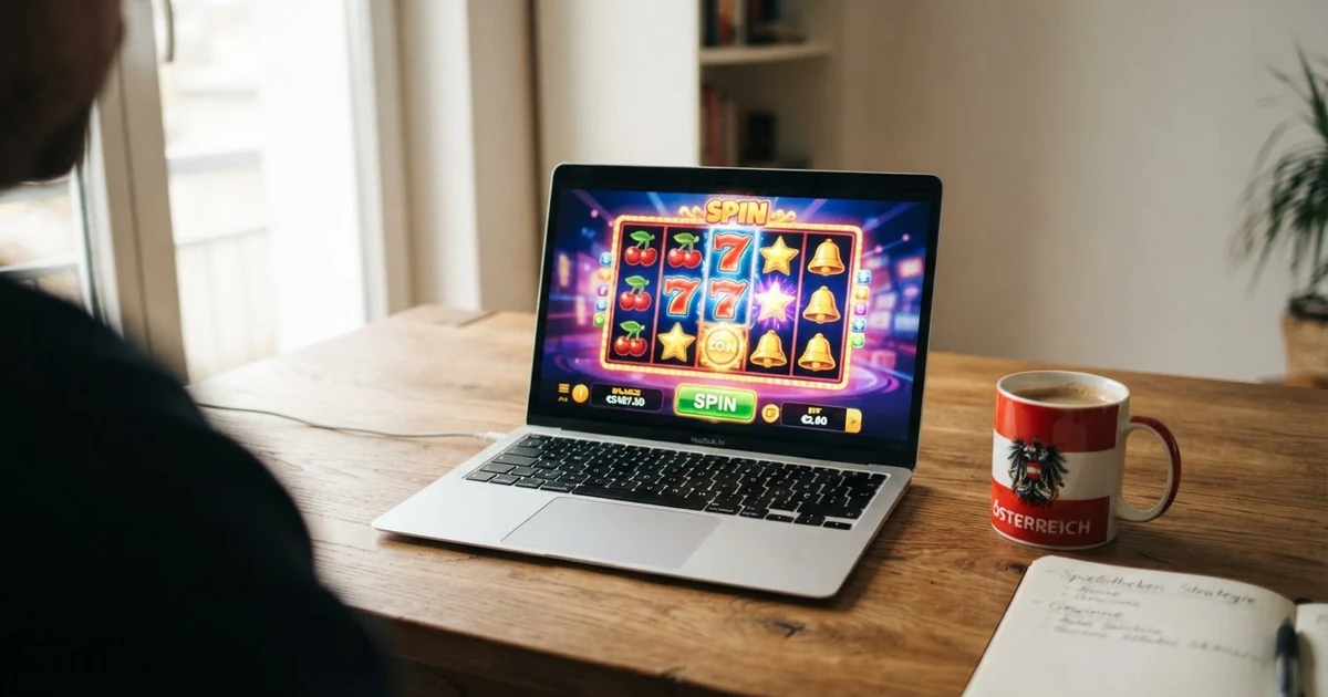 Nahaufnahme eines Laptop-Bildschirms mit geöffneter Vergleichstabelle mehrerer Online-Spielotheken, im Vordergrund eine rot-weiss-rote Kaffeetasse