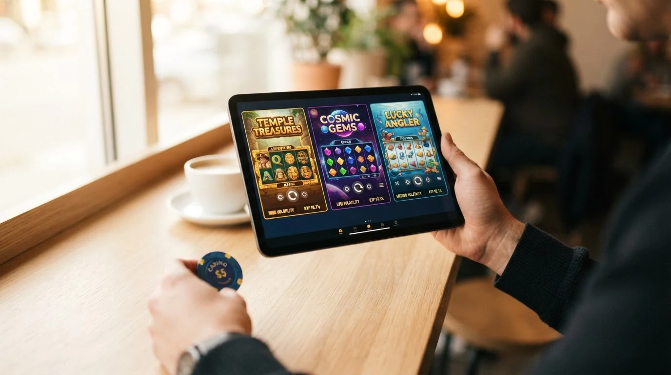 Drei beliebte Spielautomaten — Book of Dead, Starburst und Big Bass Bonanza — nebeneinander auf einem Tablet-Display, mit eingeblendeten RTP-Prozentwerten und bunten Spielsymbolen.