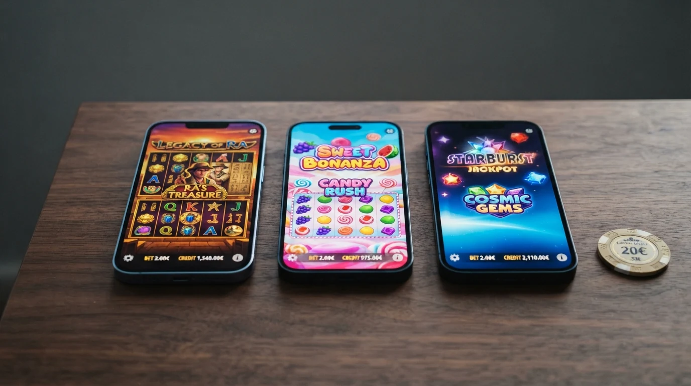 Drei Spielautomaten-Titelbildschirme nebeneinander: Book of Dead, Sweet Bonanza und Starburst, mit eingeblendeten RTP-Prozentwerten unter jedem Titel