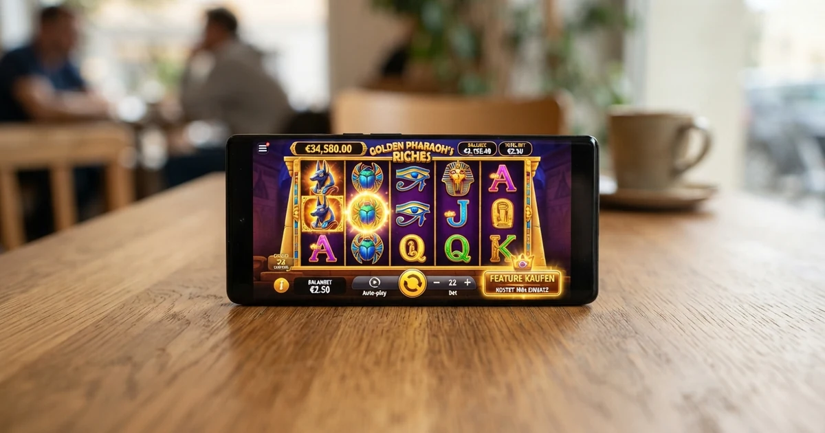 Mehrere Spielautomaten mit Bonuskauf-Feature auf einem Bildschirm, darunter Titel von Pragmatic Play und Hacksaw Gaming, mit eingeblendetem „Feature Buy“-Button in der Spieloberfläche