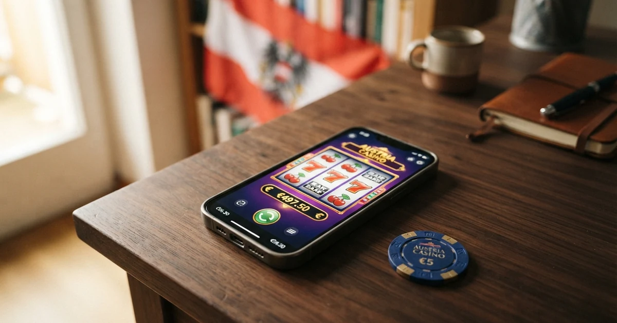 Nahaufnahme eines Smartphones mit geöffneter Casino-Website, im Hintergrund schemenhaft die österreichische Flagge