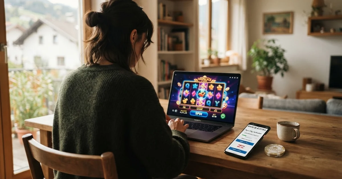 Eine Person sitzt vor einem Laptop mit einer geöffneten Casino-Website; auf dem daneben liegenden Smartphone ist eine Bank-ID-App zu sehen — die Darstellung zeigt den Ablauf einer Pay-n-Play-Anmeldung ohne klassisches Registrierungsformular.