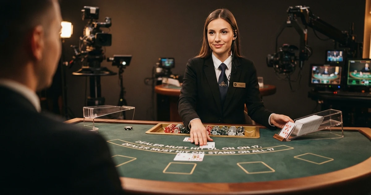 Ein professionelles Live-Casino-Studio mit Croupier an einem Spieltisch, umgeben von Kameras, Monitoren und Studio-Beleuchtung — die technische Infrastruktur einer Echtzeit-Übertragung