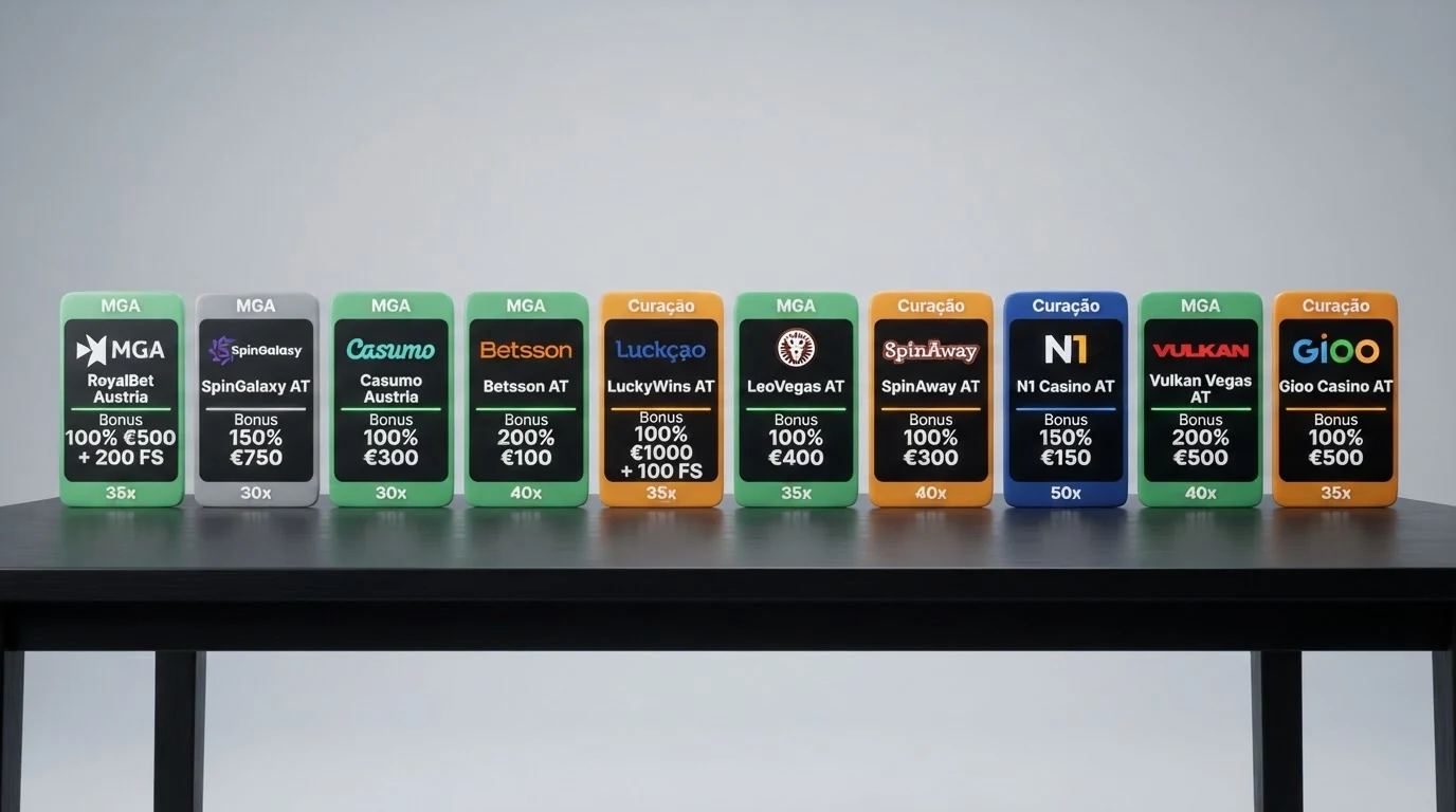 Eine strukturierte Übersicht mit Casino-Logos der zehn getesteten Anbieter, sortiert nach ihrer Bewertung, mit farblich abgesetzten Lizenzhinweisen (MGA grün, Curaçao orange)