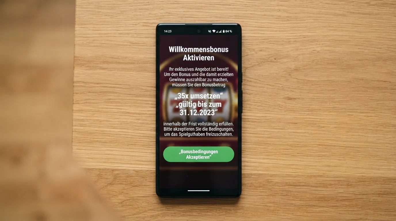 Eine Nahaufnahme eines Smartphone-Displays mit einer Bonus-Aktivierungsseite, auf der die Umsatzbedingungen („35x umsetzen“) und das Ablaufdatum („gültig bis …“) gut lesbar hervorgehoben sind