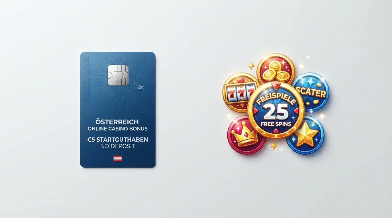 Eine Gegenüberstellung: Links ein €5-Gutschein mit Schloss-Symbol für Bonusguthaben, rechts Freispiel-Symbole mit der Zahl 50 — die zwei Gesichter des No-Deposit-Bonus