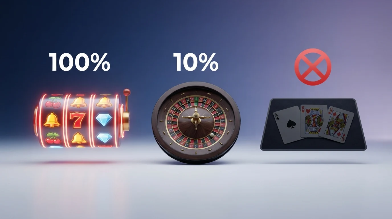 Drei Symbole — Slot-Walze mit Häkchen, Roulette-Rad mit Prozentangabe 10 %, Kartensymbole mit Kreuz — nebeneinander angeordnet