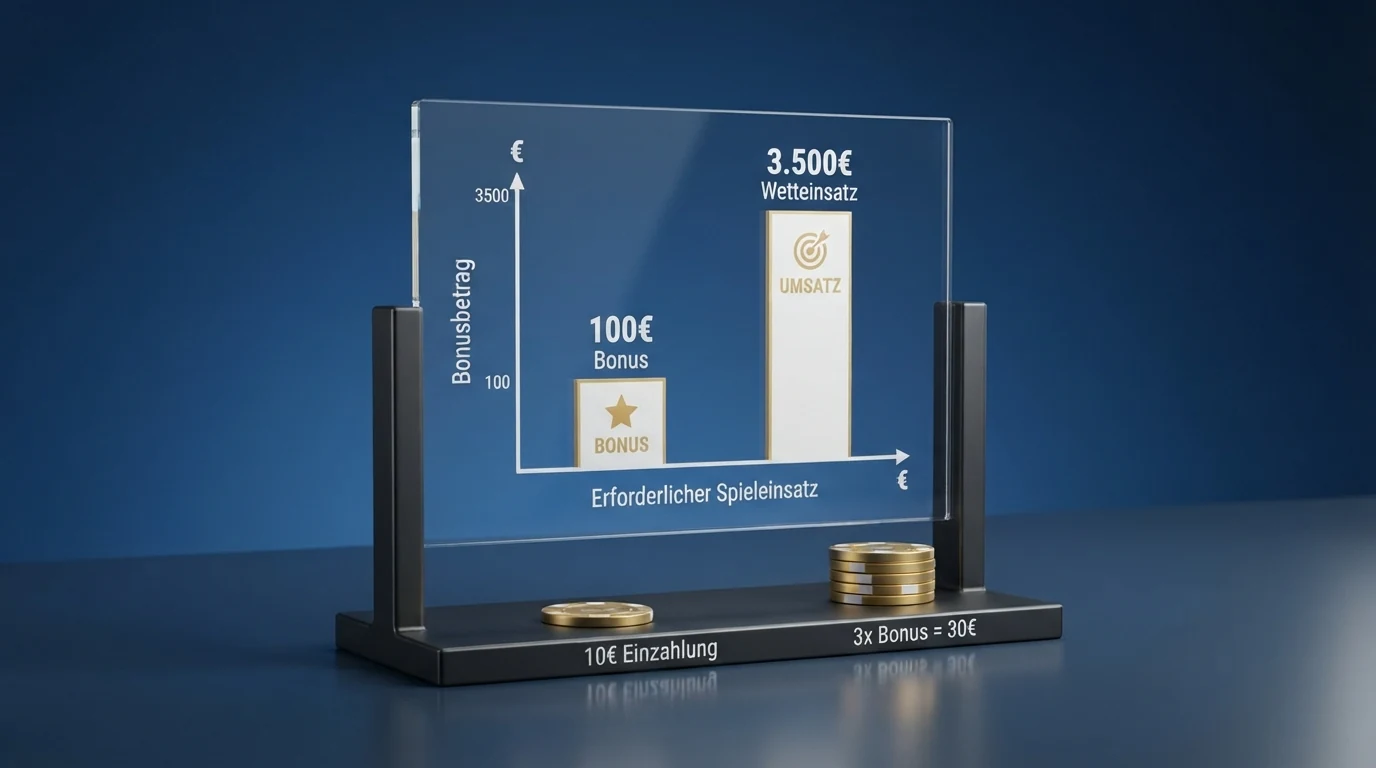 Eine Infografik, die den Zusammenhang zwischen Bonusbetrag, Umsatzbedingungen und tatsächlichem erforderlichen Spieleinsatz veranschaulicht