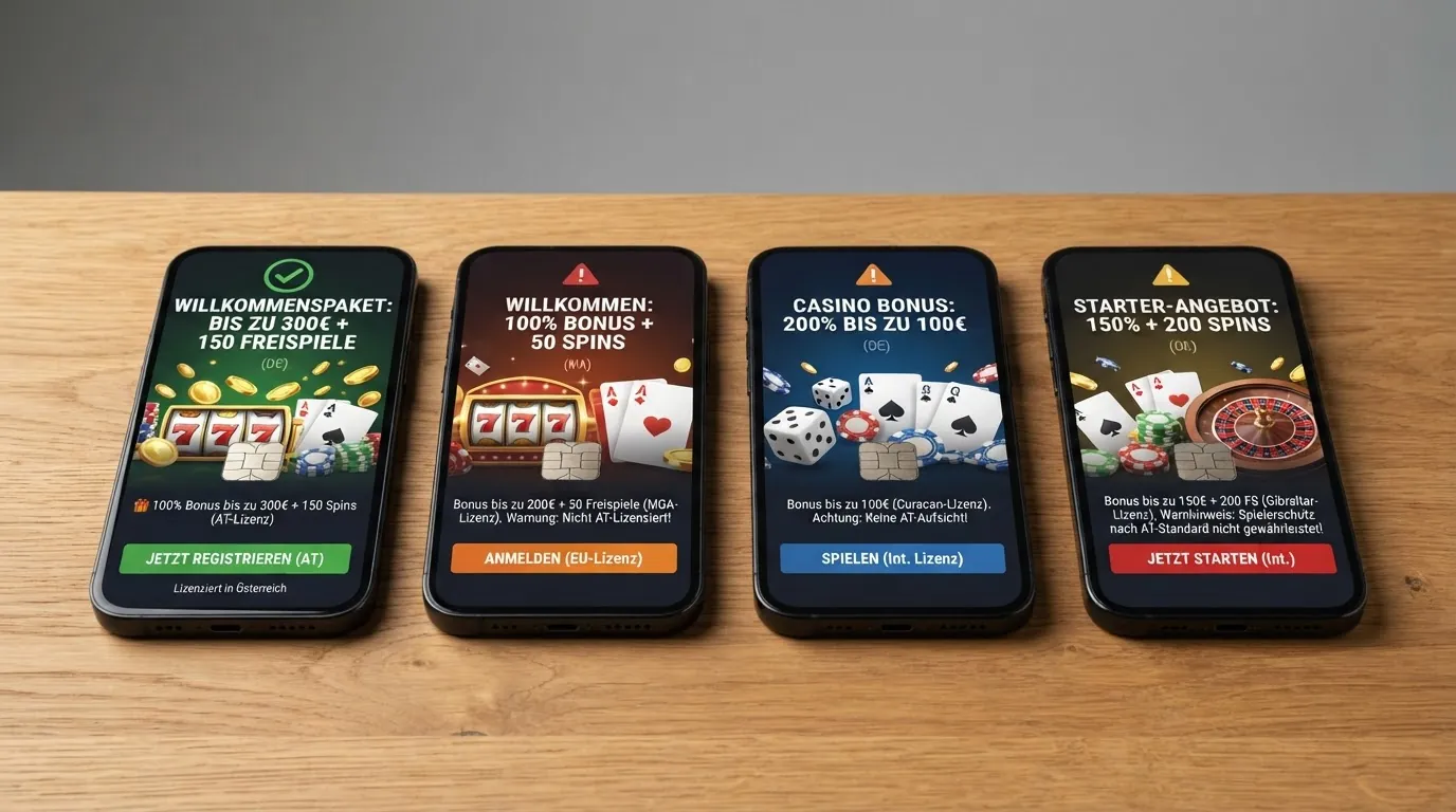 Vier Casino-Startseiten nebeneinander mit hervorgehobenen Willkommensbonus-Bannern und farblich unterschiedlich markierten Lizenzlogos – ein grünes Häkchen bei einem, orangefarbene Warnsymbole bei den anderen
