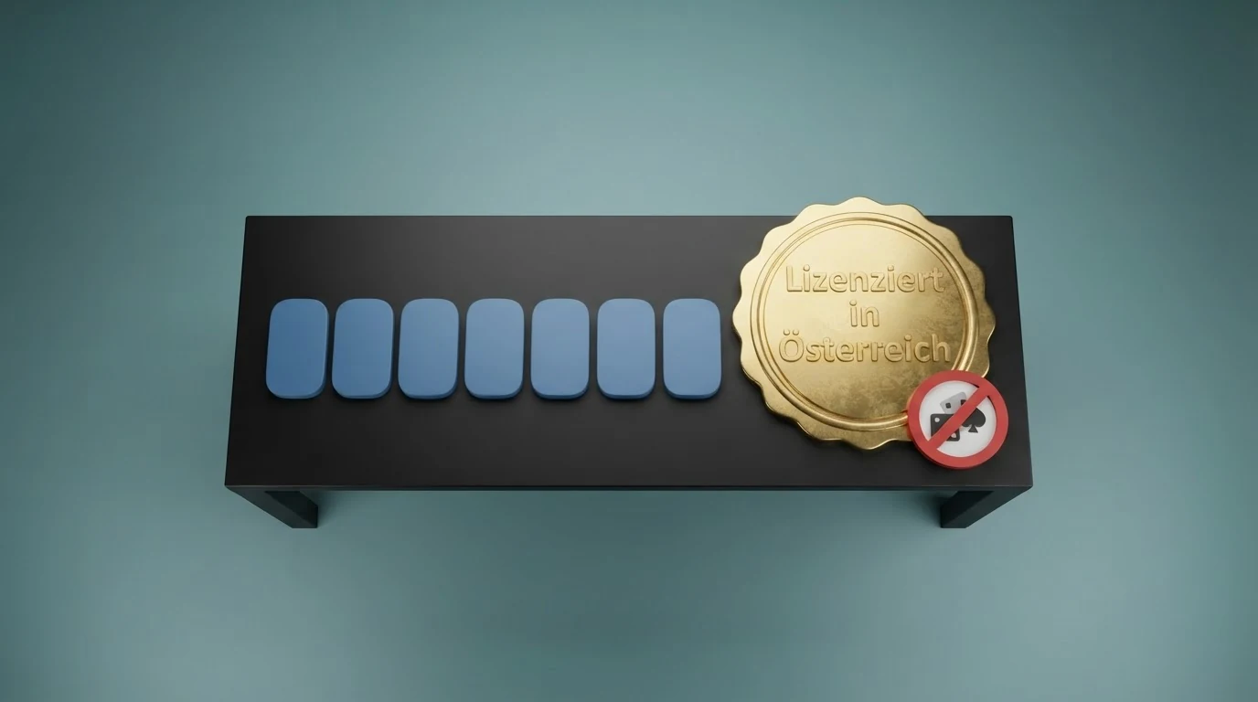 Eine tabellarische Übersicht mit Casino-Logos, daneben ein rot-weiß-rotes Lizenzsiegel und ein durchgestrichenes MGA-Symbol