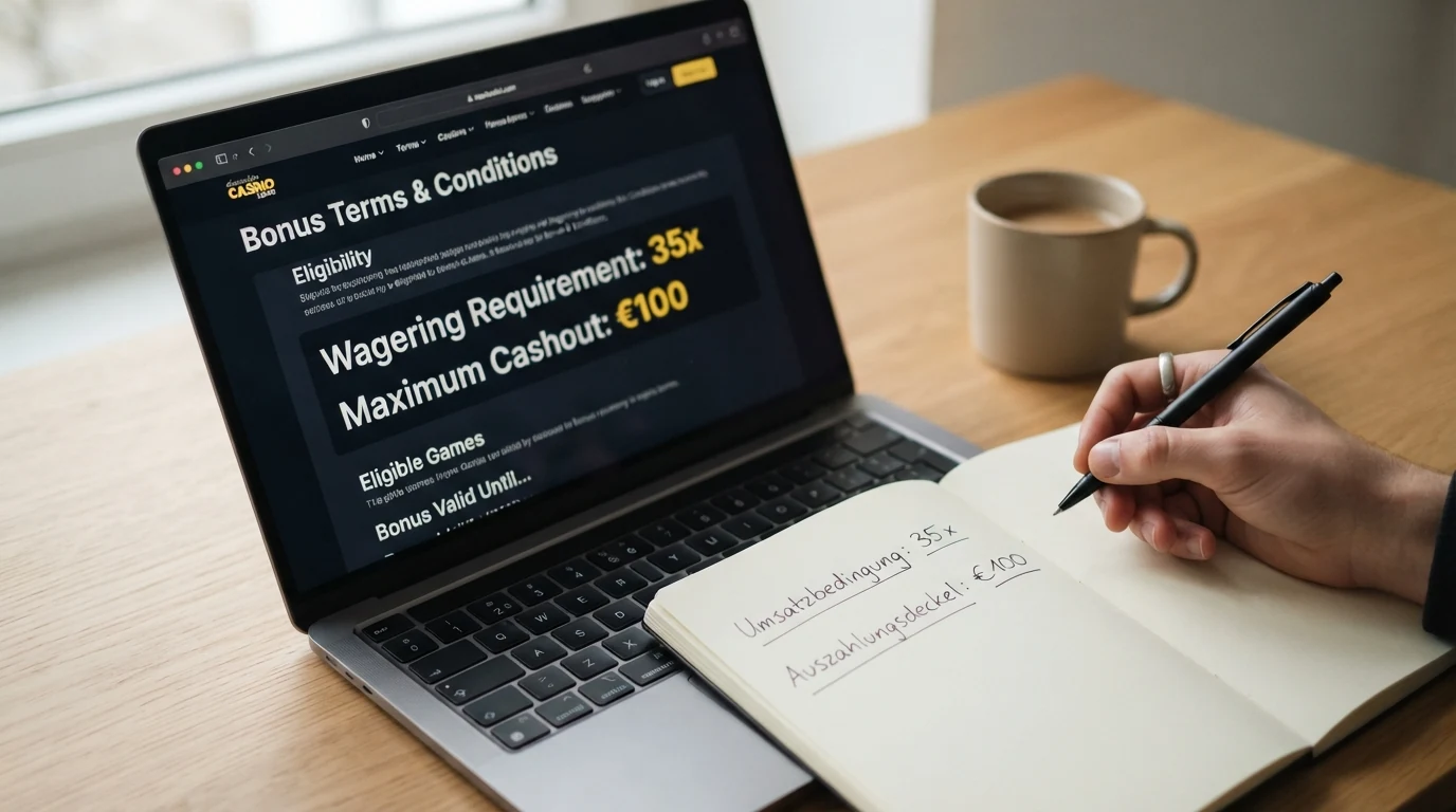 Eine Nahaufnahme der Bonusbedingungen eines Online-Casinos mit farbig hervorgehobenen Feldern für Umsatzbedingung (35x) und maximale Auszahlung (100 €).